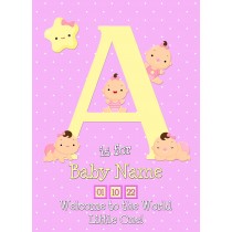 Personalised Baby Girl Birth Greeting Card (Name Starting With 'A')