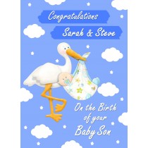 Personalised Baby Boy Birth Card (Stork)