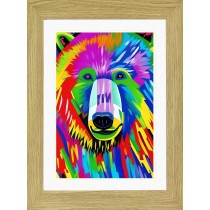 Bear Animal Picture Framed Colourful Abstract Art (25cm x 20cm Light Oak Frame)