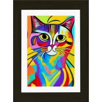 Cat Animal Picture Framed Colourful Abstract Art (30cm x 25cm Black Frame)