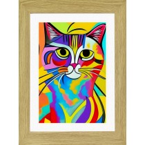 Cat Animal Picture Framed Colourful Abstract Art (30cm x 25cm Light Oak Frame)