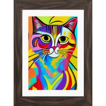 Cat Animal Picture Framed Colourful Abstract Art (25cm x 20cm Walnut Frame)