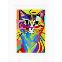 Cat Animal Picture Framed Colourful Abstract Art (30cm x 25cm White Frame)