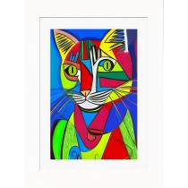 Cat Animal Picture Framed Colourful Abstract Art (25cm x 20cm White Frame)