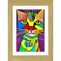 Cat Animal Picture Framed Colourful Abstract Art (A3 Light Oak Frame)