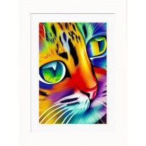 Cat Animal Picture Framed Colourful Abstract Art (30cm x 25cm White Frame)