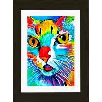 Cat Animal Picture Framed Colourful Abstract Art (A4 Black Frame)