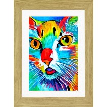 Cat Animal Picture Framed Colourful Abstract Art (A4 Light Oak Frame)