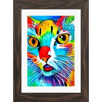 Cat Animal Picture Framed Colourful Abstract Art (30cm x 25cm Walnut Frame)