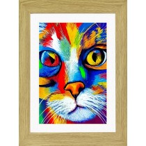 Cat Animal Picture Framed Colourful Abstract Art (30cm x 25cm Light Oak Frame)