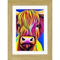Cow Animal Picture Framed Colourful Abstract Art (A4 Light Oak Frame)