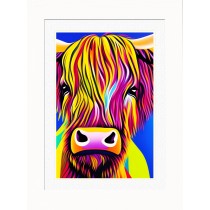 Cow Animal Picture Framed Colourful Abstract Art (A4 White Frame)