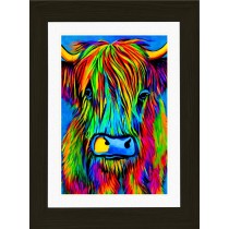 Highland Cow Animal Picture Framed Colourful Abstract Art (A4 Black Frame)