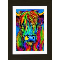 Highland Cow Animal Picture Framed Colourful Abstract Art (30cm x 25cm Black Frame)