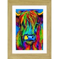 Highland Cow Animal Picture Framed Colourful Abstract Art (25cm x 20cm Light Oak Frame)