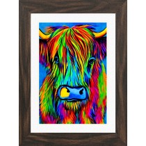 Highland Cow Animal Picture Framed Colourful Abstract Art (A4 Walnut Frame)