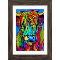 Highland Cow Animal Picture Framed Colourful Abstract Art (25cm x 20cm Walnut Frame)