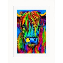 Highland Cow Animal Picture Framed Colourful Abstract Art (25cm x 20cm White Frame)