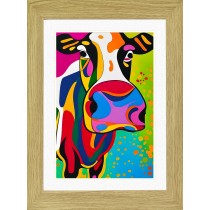 Cow Animal Picture Framed Colourful Abstract Art (30cm x 25cm Light Oak Frame)