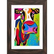 Cow Animal Picture Framed Colourful Abstract Art (25cm x 20cm Walnut Frame)