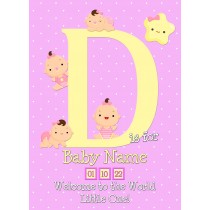 Personalised Baby Girl Birth Greeting Card (Name Starting With 'D')