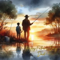 Fishing Father and Child Watercolour Art Square Fathers Day Card For Dad (Design 2)