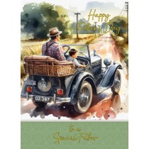 Vintage Classic Car Watercolour Art Fathers Day Card For Father (Design 3)