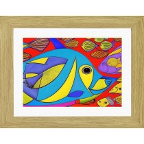 Fish Animal Picture Framed Colourful Abstract Art (25cm x 20cm Light Oak Frame)