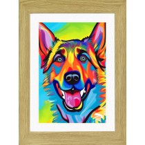 German Shepherd Dog Picture Framed Colourful Abstract Art (A4 Light Oak Frame)