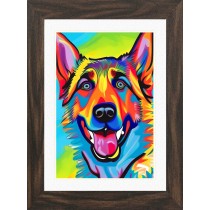 German Shepherd Dog Picture Framed Colourful Abstract Art (A4 Walnut Frame)