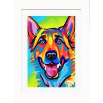 German Shepherd Dog Picture Framed Colourful Abstract Art (A4 White Frame)