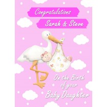 Personalised Baby Girl Birth Card (Stork)