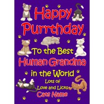 Personalised From The Cat Birthday Card (Purple, Human Grandma, Happy Purrthday)