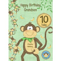 Kids 10th Birthday Cheeky Monkey Cartoon Card for Grandson