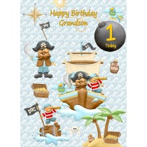 Kids 1st Birthday Pirate Cartoon Card for Grandson