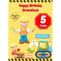 Kids 5th Birthday Builder Cartoon Card for Grandson