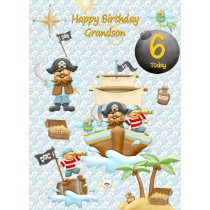 Kids 6th Birthday Pirate Cartoon Card for Grandson