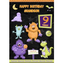 Kids 9th Birthday Funny Monster Cartoon Card for Grandson