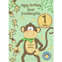 Kids 1st Birthday Cheeky Monkey Cartoon Card for Great Granddaughter