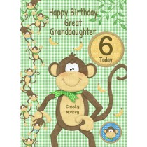 Kids 6th Birthday Cheeky Monkey Cartoon Card for Great Granddaughter