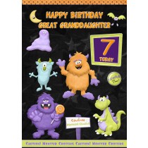 Kids 7th Birthday Funny Monster Cartoon Card for Great Granddaughter