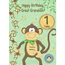 Kids 1st Birthday Cheeky Monkey Cartoon Card for Great Grandson