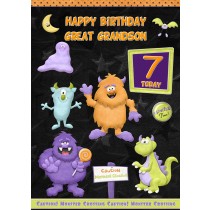 Kids 7th Birthday Funny Monster Cartoon Card for Great Grandson