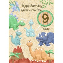 Kids 9th Birthday Dinosaur Cartoon Card for Great Grandson