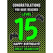 Great Grandson 15th Birthday Card (Level Up Gamer)