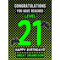 Great Grandson 21st Birthday Card (Level Up Gamer)