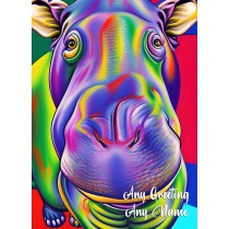 Personalised Hippo Animal Colourful Abstract Art Greeting Card (Birthday, Fathers Day, Any Occasion)