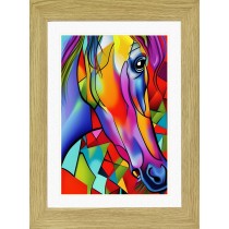 Horse Animal Picture Framed Colourful Abstract Art (30cm x 25cm Light Oak Frame)