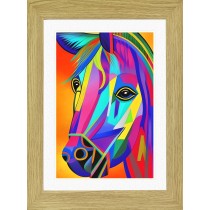 Horse Animal Picture Framed Colourful Abstract Art (25cm x 20cm Light Oak Frame)