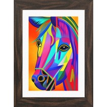 Horse Animal Picture Framed Colourful Abstract Art (25cm x 20cm Walnut Frame)